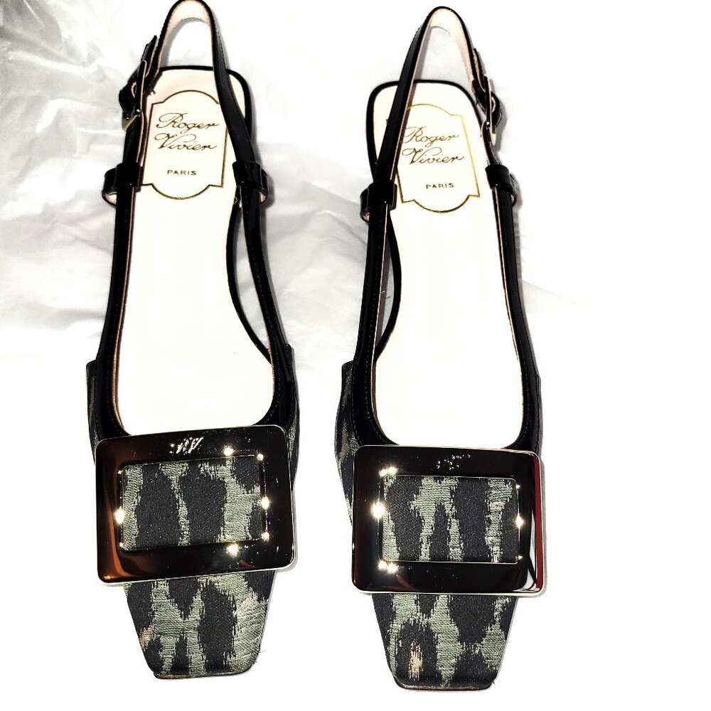 NIB! Roger Vivier Belle Black Patent/Safari Sling Back Pumps - 36.5